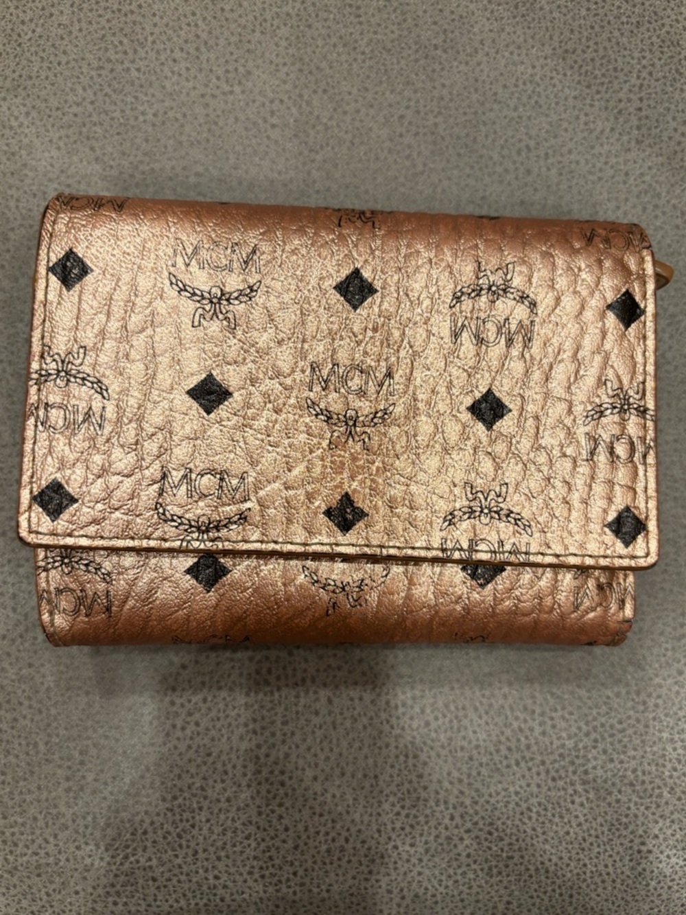 MCM Metallic Rose Gold Logo Fold Wallet